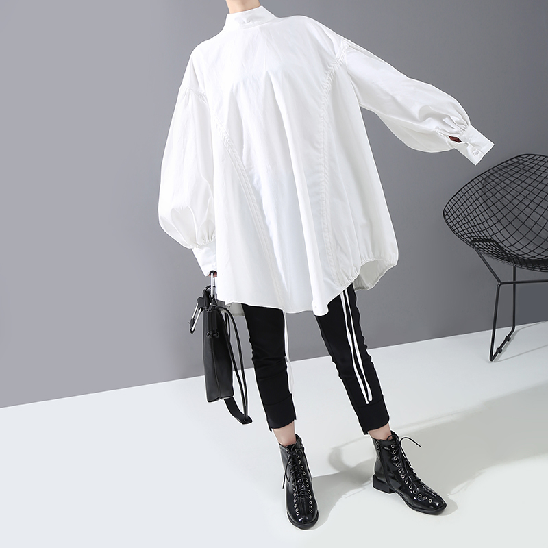 Lantern Sleeve Woman Casual Style Tops Black White Hipster Blouse Oversized Draped Lady Tunic Feminine Shirt chemise femme 5887 210225