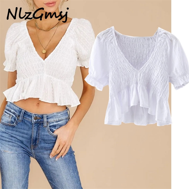 Blouse Women summer V-neck short-sleeved white bubble short top female doll lotus leaf waist shirt 03 210628, As picture
Blouse Women summer V-neck short-sleeved white bubble short top female doll lotus leaf waist shirt 03 210628, As picture