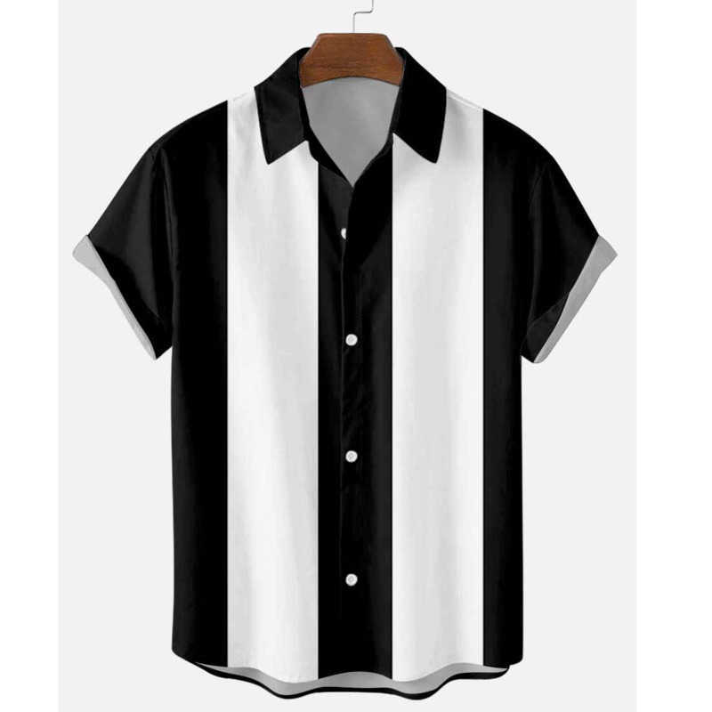 Men's 50s Shirt Vertical Striped Shirts for Men Button Up Short Sleeve Blouse Plus Size S-6XL Mens Bowling Dress 210809