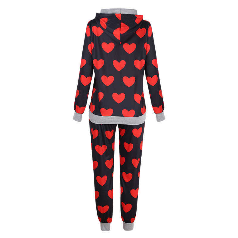 Homewear Women Spring Fall Red Heart Print Front Pocket Pullover Tops+Drawstring High Waist Pencil Pants Ensemble Pantalon Femme 210604