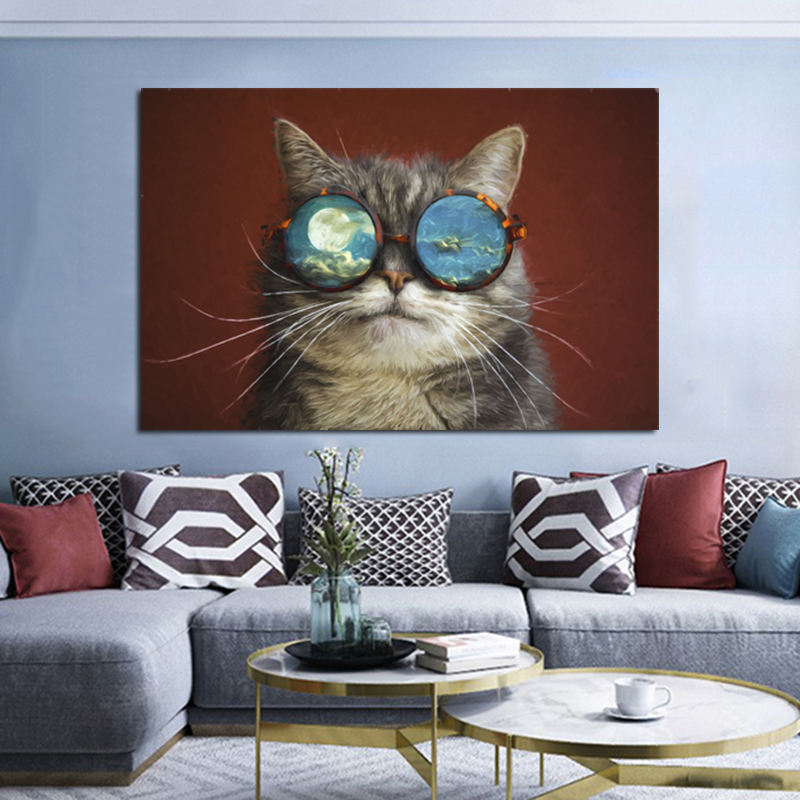 Cat With Glasses Poster Canvas Painting Wall Art Pictures For Living Room Animal Posters And Prints Modern Home Decor Cuadros