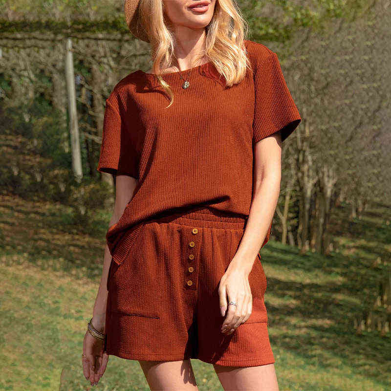 Causal Summer Women Shorts Suits Solid Short Sleeve Tops And Elastic Waist Button Shorts Two Piece Set Fashion Loose Tracksuit 210709