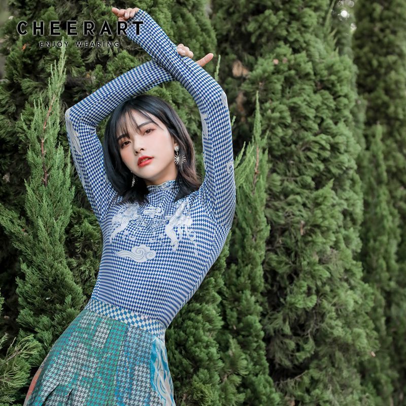 CHEERART Vintage T Shirt Blue Plaid Floral Print Long Sleeve Top Turtleneck Tee Shirt Femme Tight Top Fine Arts Style 210302