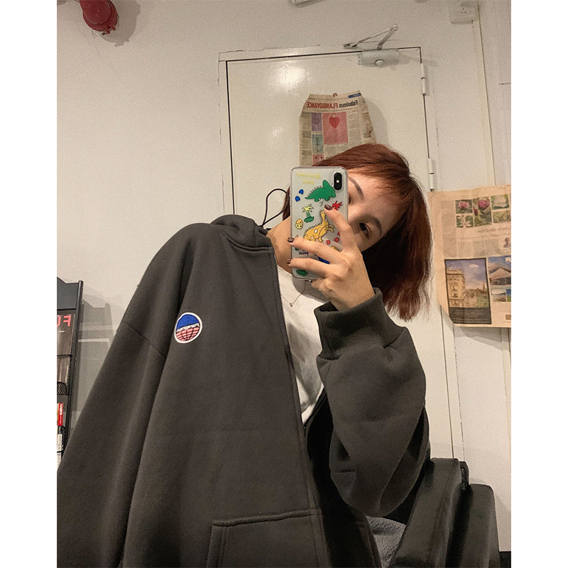 oversized zip up sweatshirt streetwear loose long-sleeved korean style jacket Autumn new zipper women tops black hoodie 201102