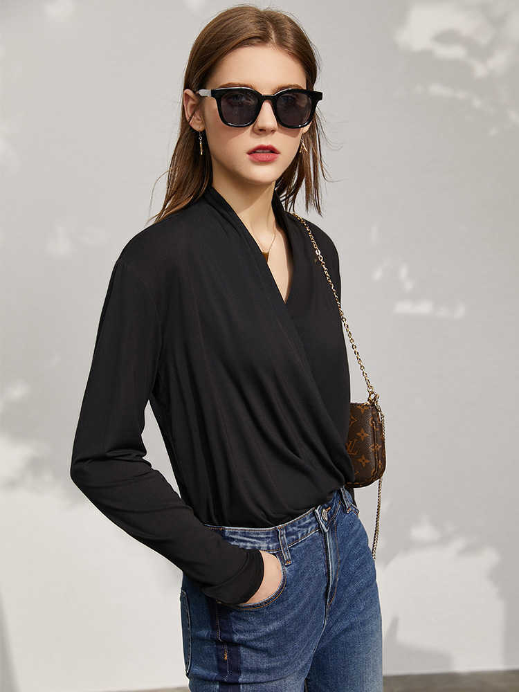 Minimalism Spring Women's Blouse Causal Solid Vneck Modal Loose Female Tshirt Offical Lady Shirt Tops 12140368 210527