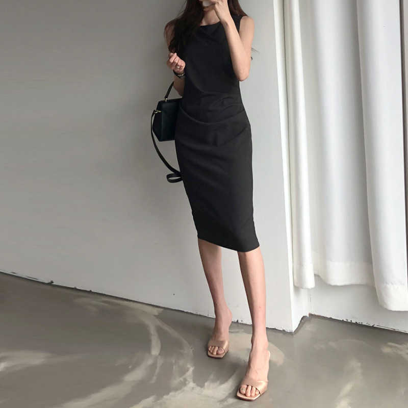 Elegant Women Office Dress Summer Sleeveless Bodycon Dresses Retro Midi Solid Black Long Robe Vestidos Mujer 210623
