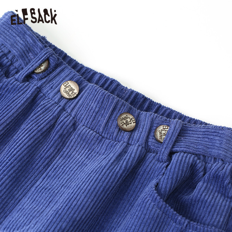 ELFSACK Blue Solid Corduroy Korean Casual Women Pants Spring Apricot Elastic Waist Straight Ladies Basic Daily Trouser 201012