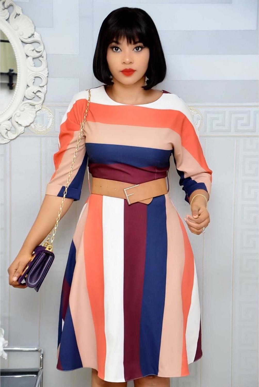 HGTE Rainbow Striped Print Ladies Fashion Dress M-2XL large size rainbow color office dress Business party temperament dress 210309