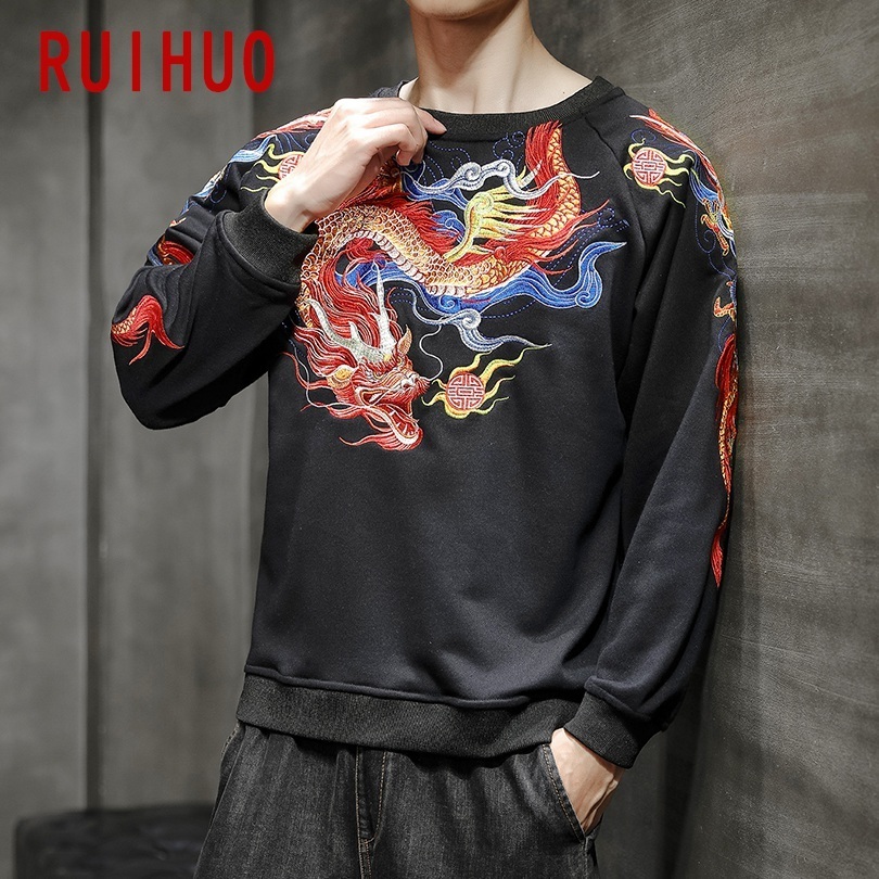 RUIHUO Autumn Chinese Dragon Embroidery Sweatshirt Men Japanese Streetwear Men's Sweatshirt Fashion Sweatshirts For Men 5XL 201020