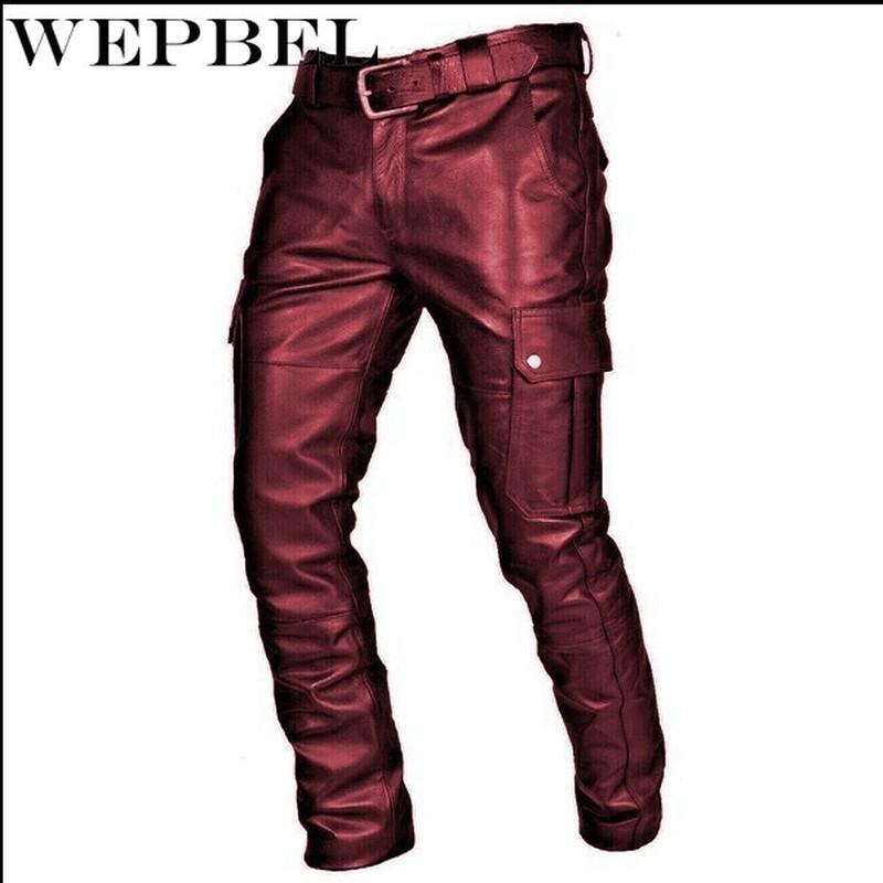 Men's Pants WEPBEL Men Straight PU Leather Biker Motocycle Long Loose Street Style Steampunk Trousers Rock Roll B4