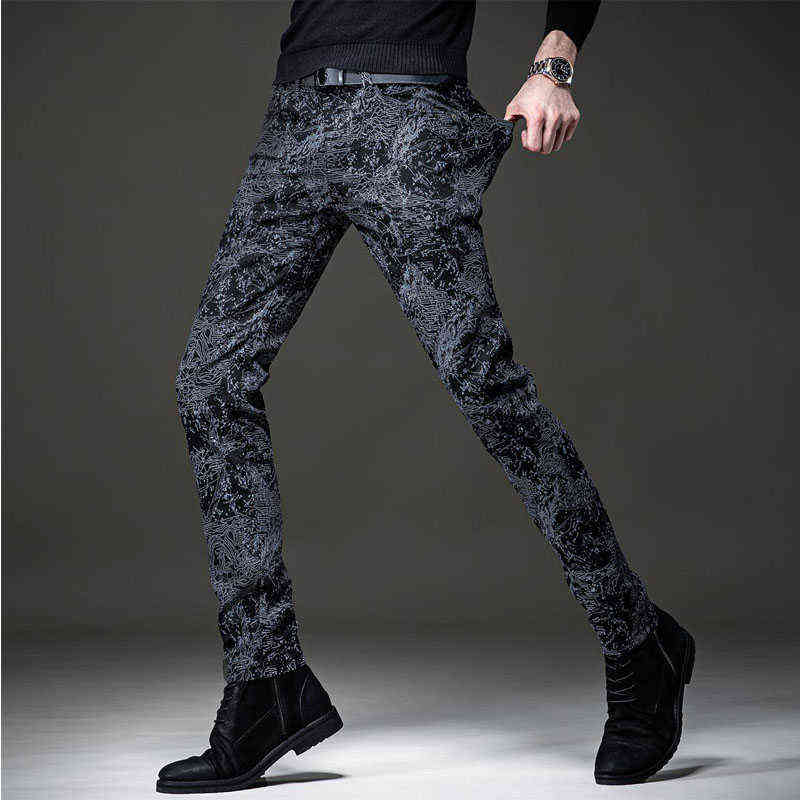 European summer jeans men's slim feet personality graffiti printing black casual long pants men trouser 211111