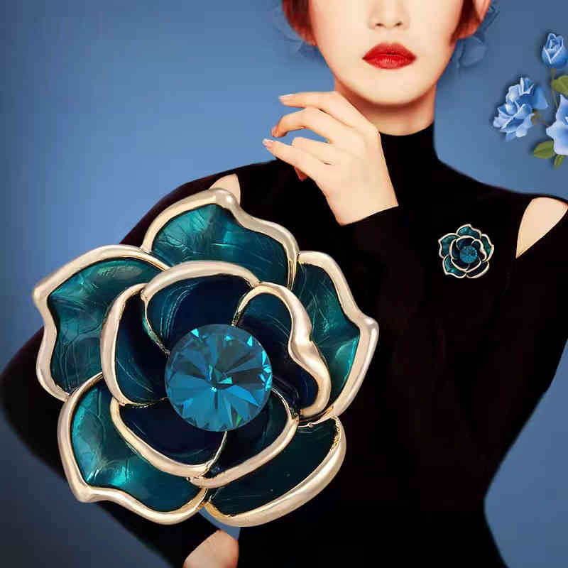 Brooch Camellia Flower High Grade Peacock Blue National Tide Rose Natural Pearl Autumn Winter Coat Sweater Accessories