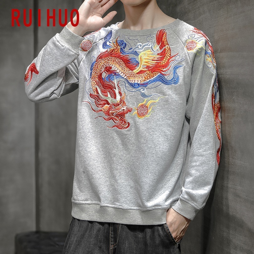 RUIHUO Autumn Chinese Dragon Embroidery Sweatshirt Men Japanese Streetwear Men's Sweatshirt Fashion Sweatshirts For Men 5XL 201020