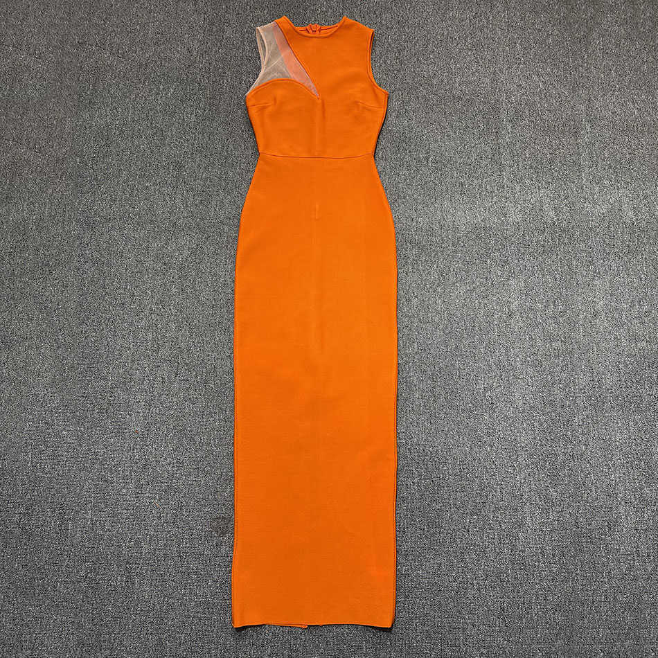 Summer Fashion Elegant Woman Bandage Dress Sexy Round Neck Sleeveless Tights Orange Long Celebrity Party 210525