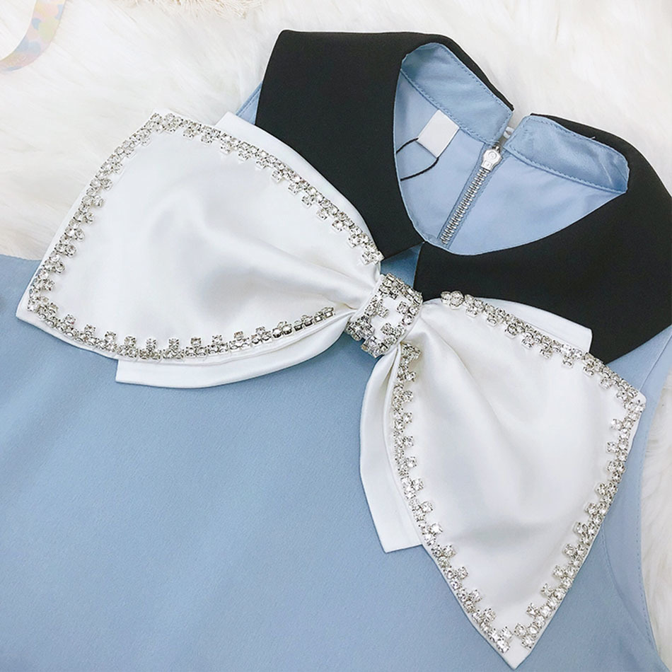 Party Mini Dress Sleeveless Lapel Diamond Bow Patchwork Sexy A-line Female Vestido Celebration Occasion Dinner Night Out 210525