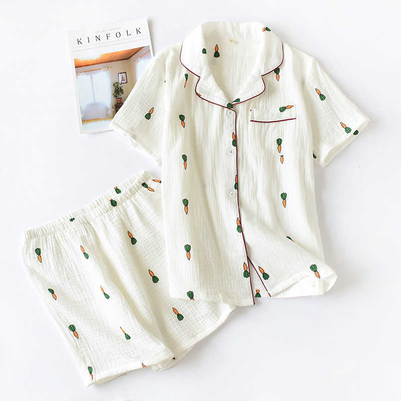 ladies pajamas suit summer comfortable cotton gauze lapel pajamas suit women thin loose cartoon carrot printing home service 210924