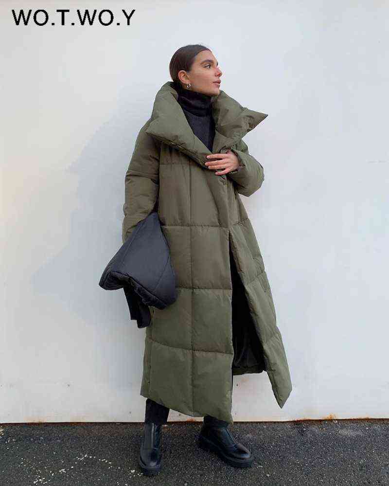 WOTWOY Winter Thickening X-Long Parkas Women Wide-Waisted Loose Cotton Padded Jackets Female Green Grey Sashes Warm Windbreaker 211102