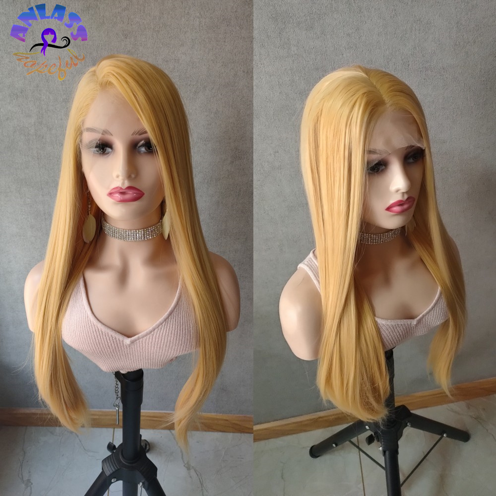 Free shipping 26'' Glueless 613 Honey Blonde Lace Front Synthetic Wigs Middle Part Straight Hair Pre Plucked Heat Resistant Fiber Natural Da