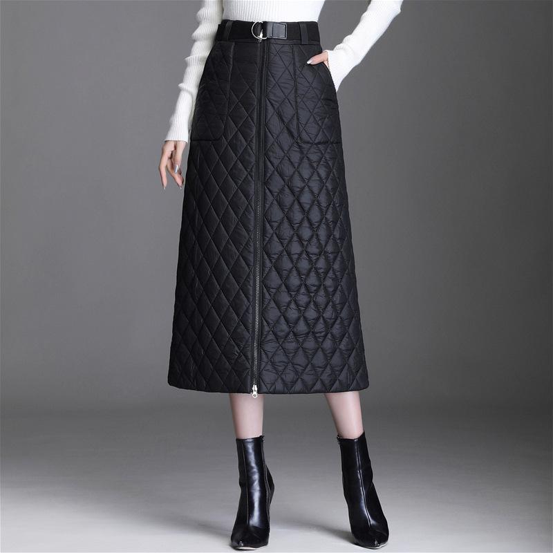 Skirts Autumn And Winter Women's Thick Warm Down Cotton Short Skirt Mid-length Zipper One-piece High Belt Pocket A-line