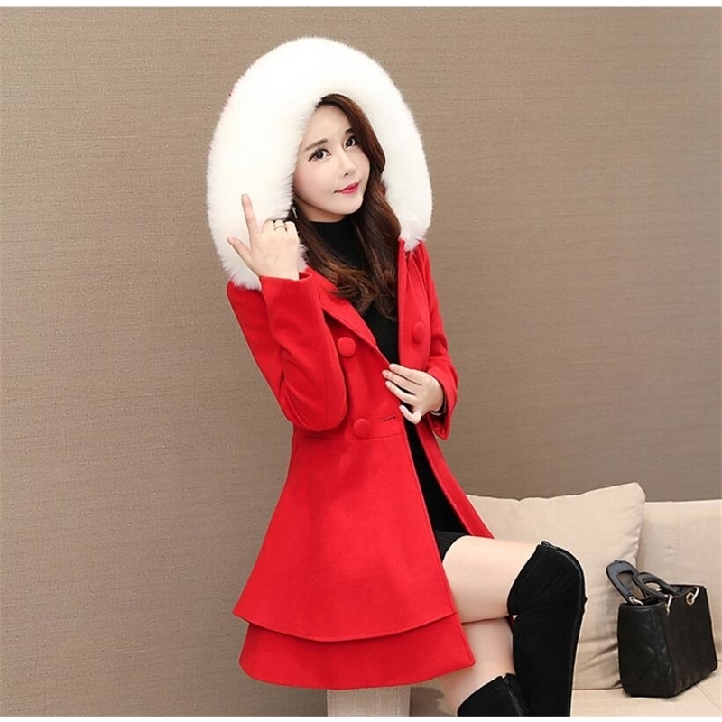 Winter Woolen Coat Women New Fashion Big Fur Collar Woolen Coat Female Windbreaker Plus Size 3XL Female Basic Coat W520 T190903