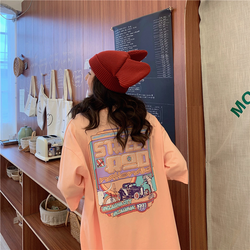 Casual Loose Oversized T Shirt Women Cartoon Printed Three Quarter Sleeve Tee Shirt Female Pink White Orange Streetwear T-shirts 210302
