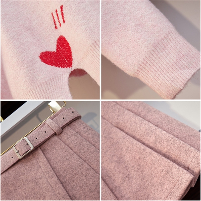 Preppy Style Loose Knitting Heart Pattern Sweater Top Sashes Wool Aline Mini Skirt Women Trendy 2 Piece Set Pink Skirt Set T200325