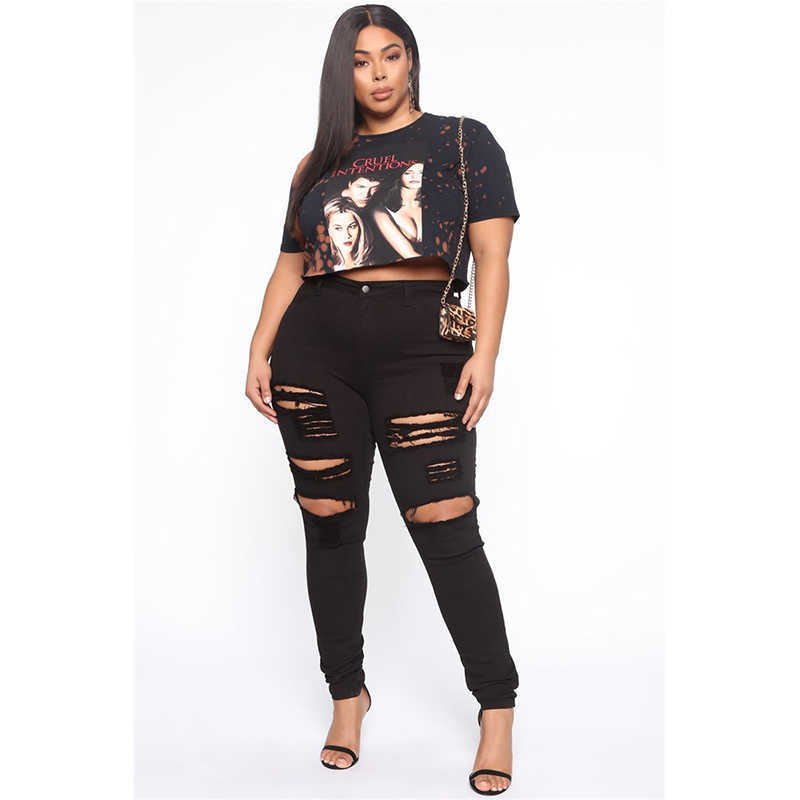 Plus Size High Waist Jeans Woman Skinny Ripped Large Cargo Pant Fashion Slim Tight Hole Mom Trousers 210809