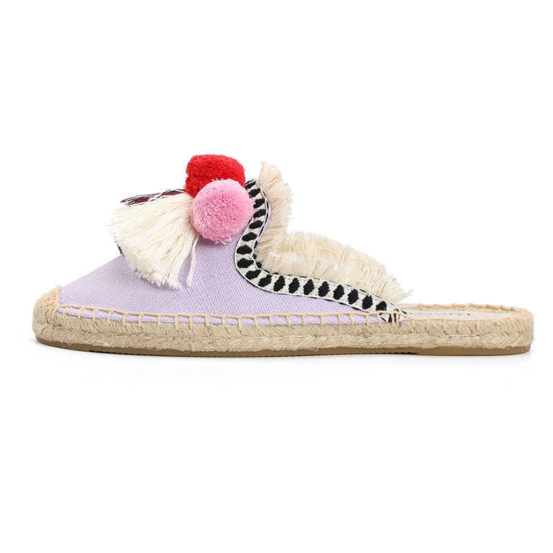 Furry Slippers Women Rubber Hemp Colors Tienda Soludos Spring Summer Tassel Fluffy Ball Canvas Mule Shoes Espadrilles Slides 210821