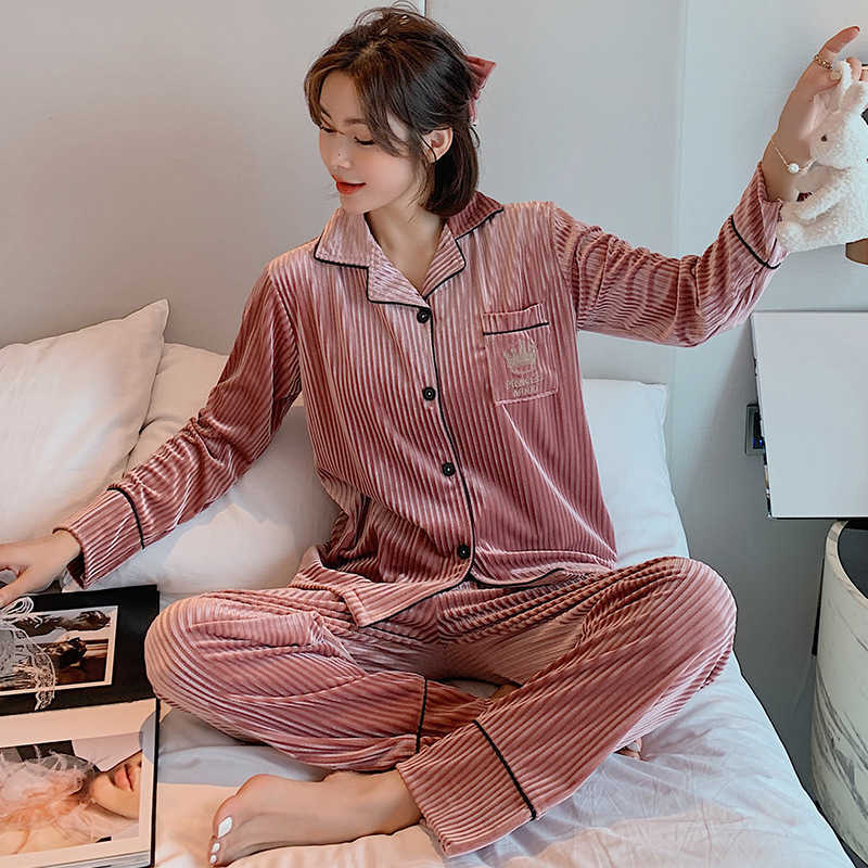JULY'S SONG Woman Knitted Pajamas Set 2 Pieces Solid Color Velvet Lapel Long Sleeve Trouser Striped Casual Winter Sleepwear 210809 - view 3