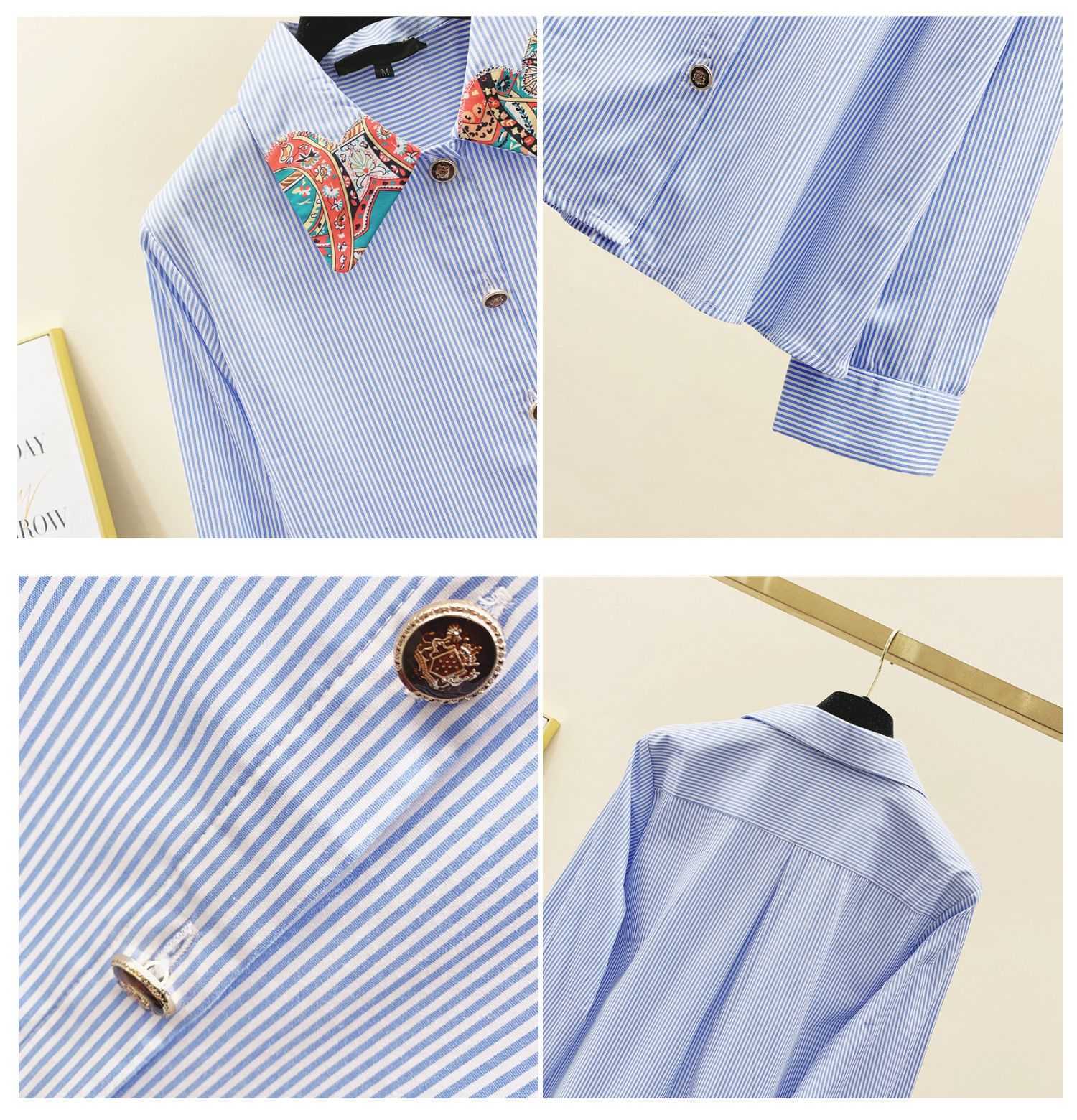 Spring and Autumn Fashion Long Sleeve Blue Vertical Stripe Print Shirt Loose Blouse Plus Size Womens Clothing 210615Z