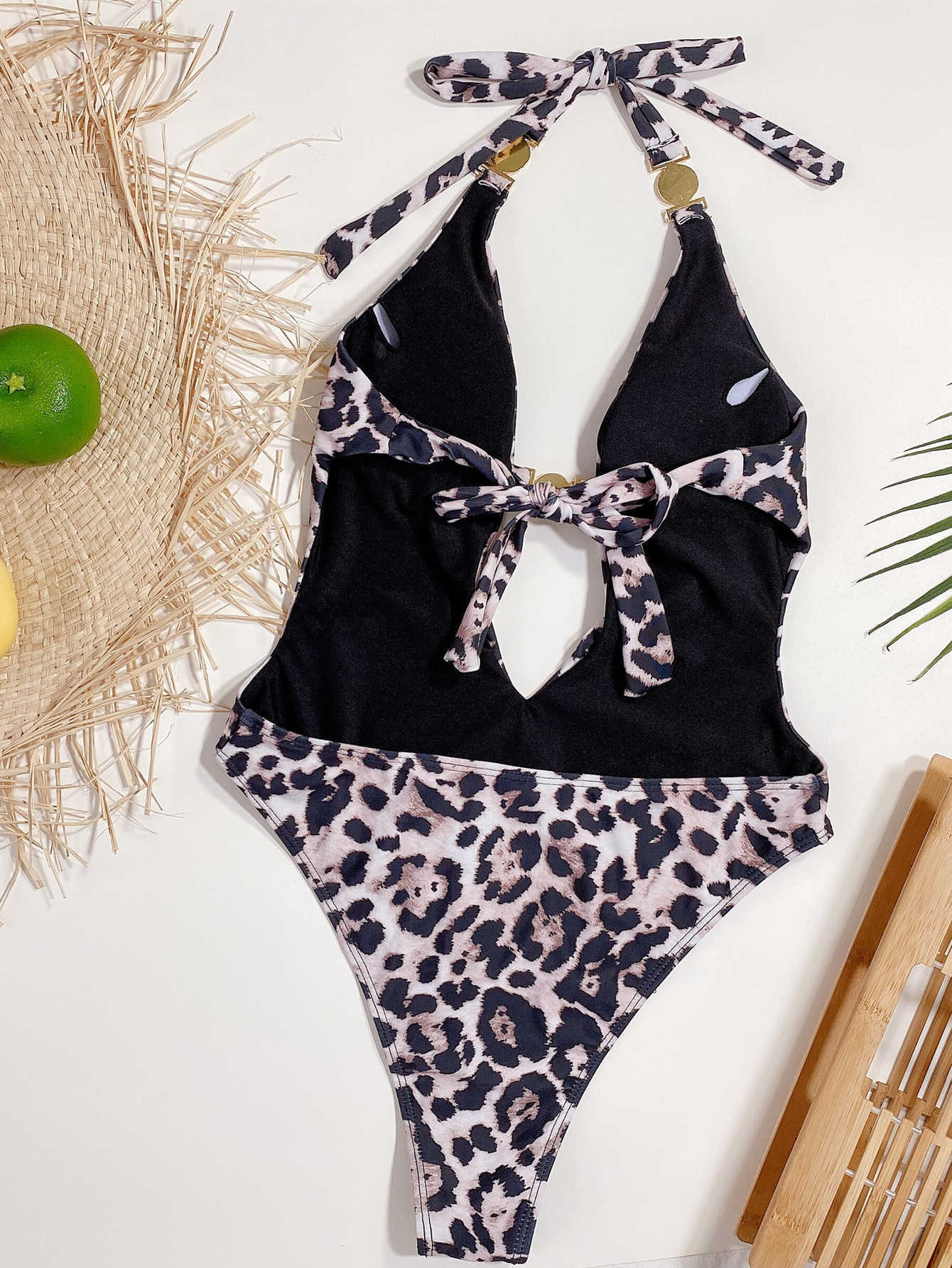 Leopard Print Sexy Hollow Out Halter Bikini Swim Summer Backless Lace-up with Padded Push Up Bodysuit Swimsuit 210604