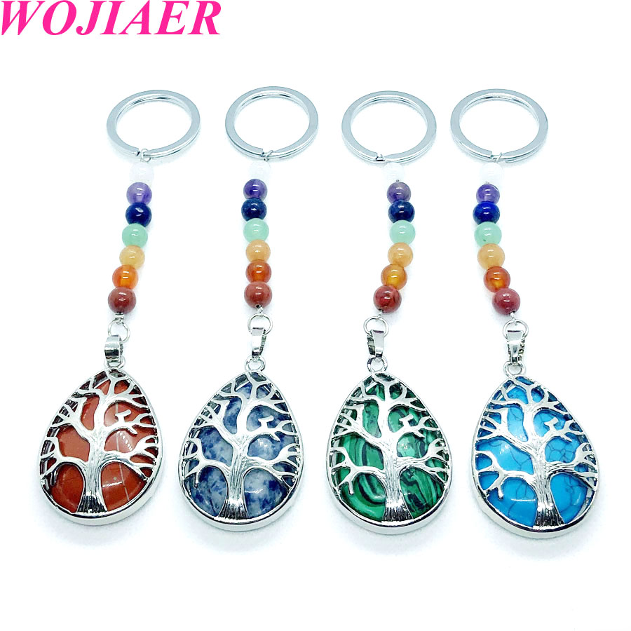 WOJIAER 7 Chakra Water Drop Natural Stone Pendant Key Rings Keychain Tree of Life Keyring Holder Men Women Birthday Gift BW910