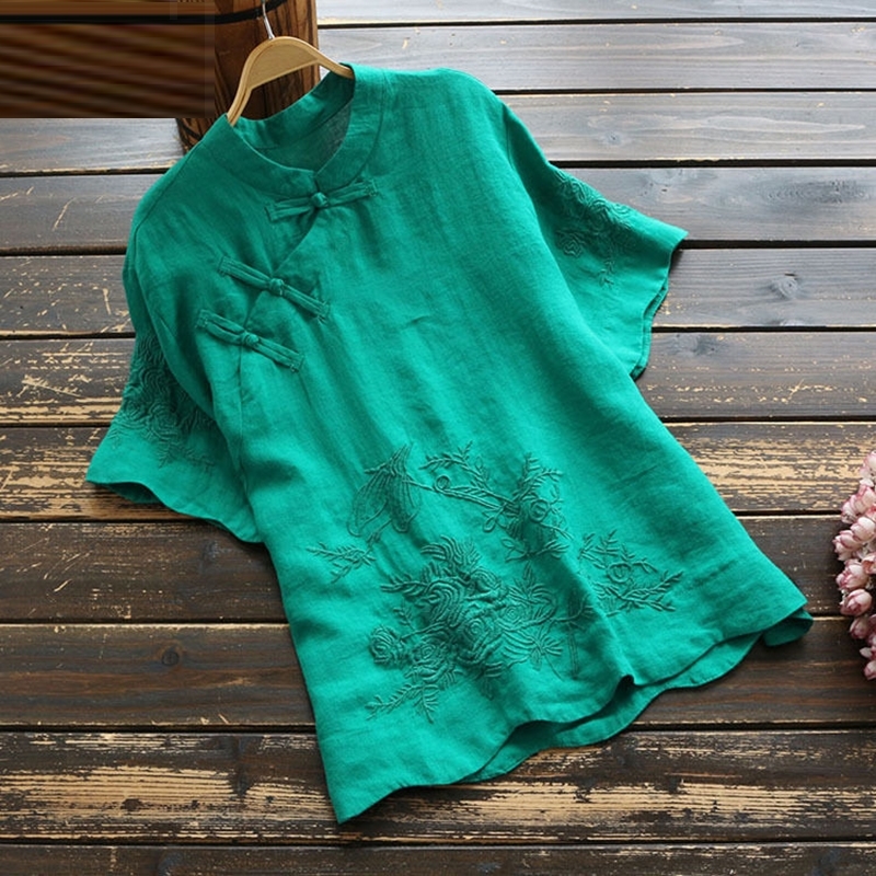 New Folk Style Summer Women Tshirt Plus Size Vintage Embroidery Stand Collar Button Tee Shirt Femme Cotton Linen Tops D349 210306