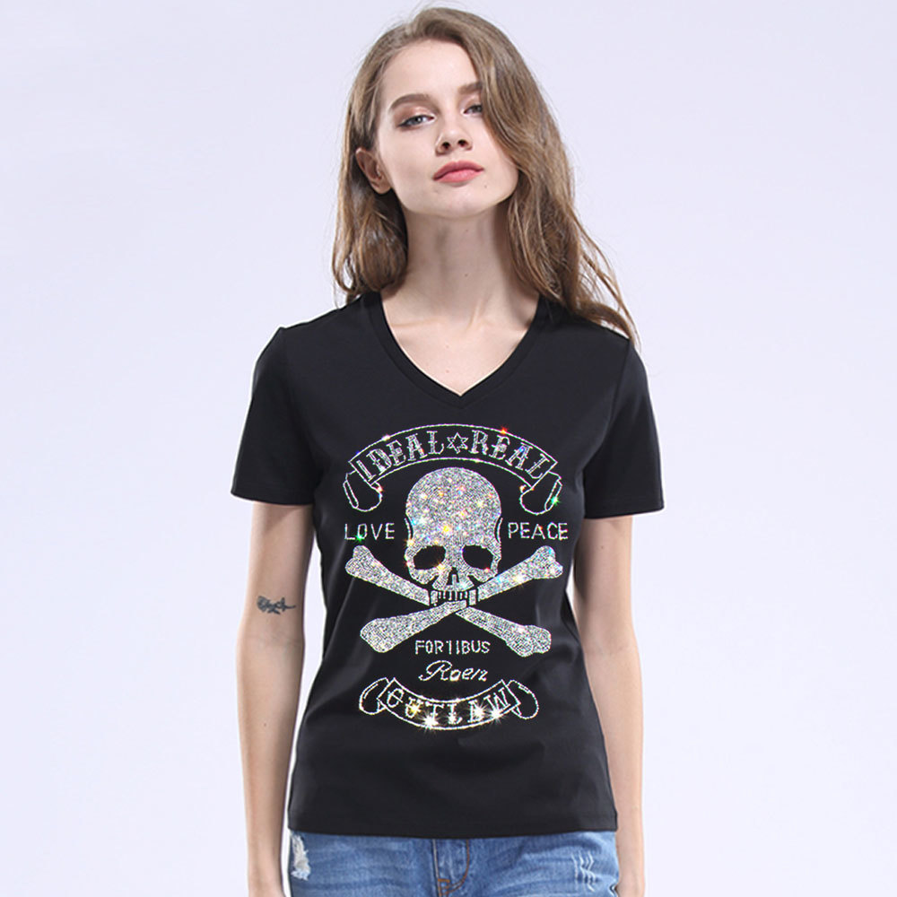 New Summer Women's Skulls Rhinestones t shirt Hip Hop Rock Hipster t-shirt High Quality Diamonds Print White Black Fashion Tops 210306