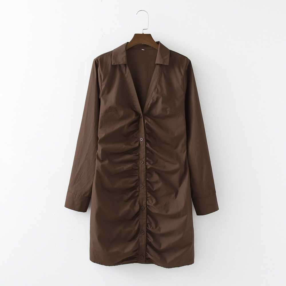 Women Ruched Shirt Dress Summer Fashion Full Sleeve Feminino Vestidos 210602, Coffee 
Women Ruched Shirt Dress Summer Fashion Full Sleeve Feminino Vestidos 210602, Coffee
