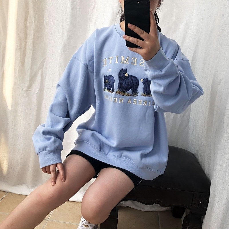 Oversize girls embroidery blue sweatshirts autumn fashion ladies elegant loose pullovers female cute sweatshirt women chic 201102
