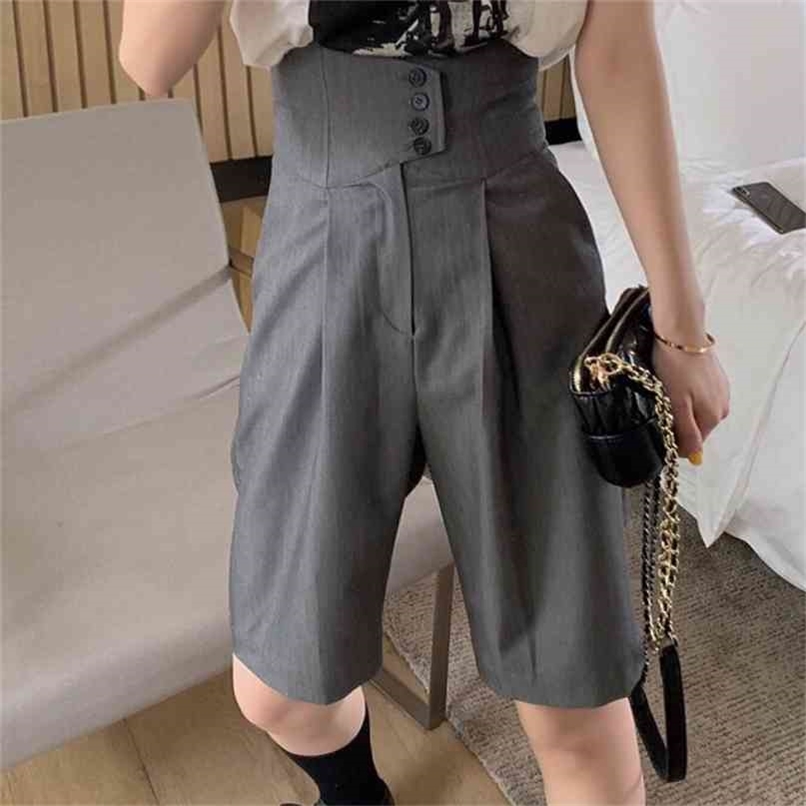 summer fashion High waist wide leg shorts women loose straight casual knee length blazer 210714