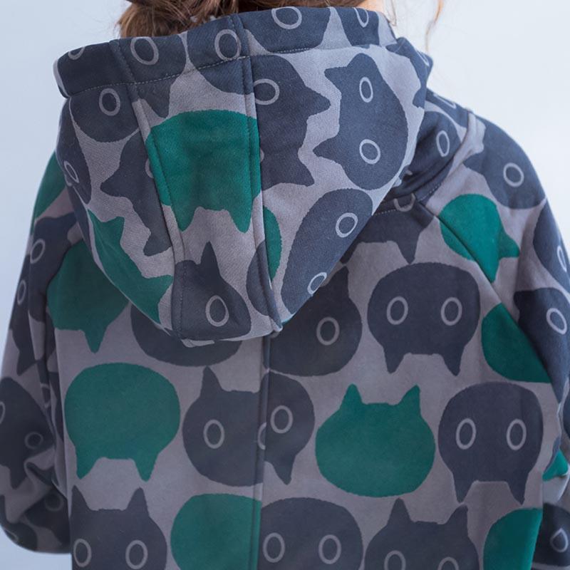 Plus Size Cat Print Hoodies Autumn Winter Kawaii Cartoon Women Vintage Long Hooded Sweatshirt Velvet Thick Hoodie Dress 201113