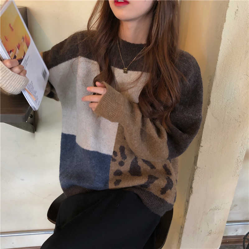 H.SA Women Vintage Leopard Pullover And Sweaters Winter Patchwork Brown Knit Jumpers Loose Style Korean Slim Pull Jumpers 210918