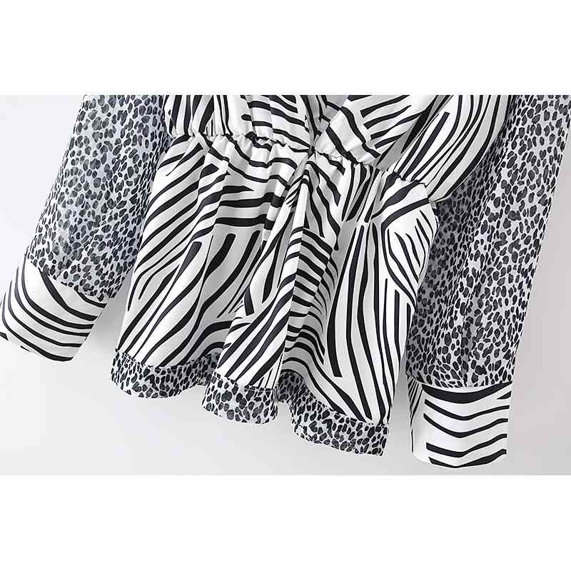 Elegant Women Leopard Patchwork Shirts Fashion Ladies Bow Collar Tops Streetwear Female Chic Zebra-Stripe Blouses 210527