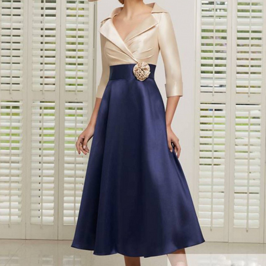 Mother Of The Bride Dresses 2024 Top Champagne Formal Wedding Party Gowns Half Sleeves Tea Length Sexy V Neck Wers Vestidos