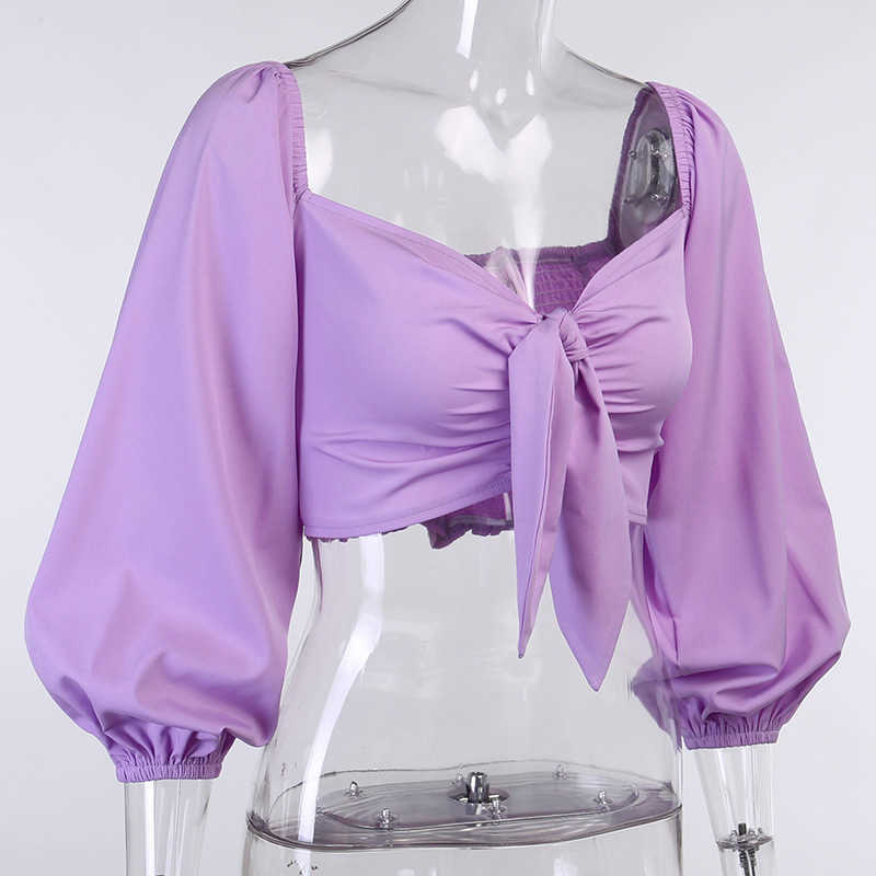 Colysmo Woman Tshirts White Off Shoulder Long Lantern Sleeve Cut out Lace up Crop Top Casual Streetwear Fall Women Clothing 210527