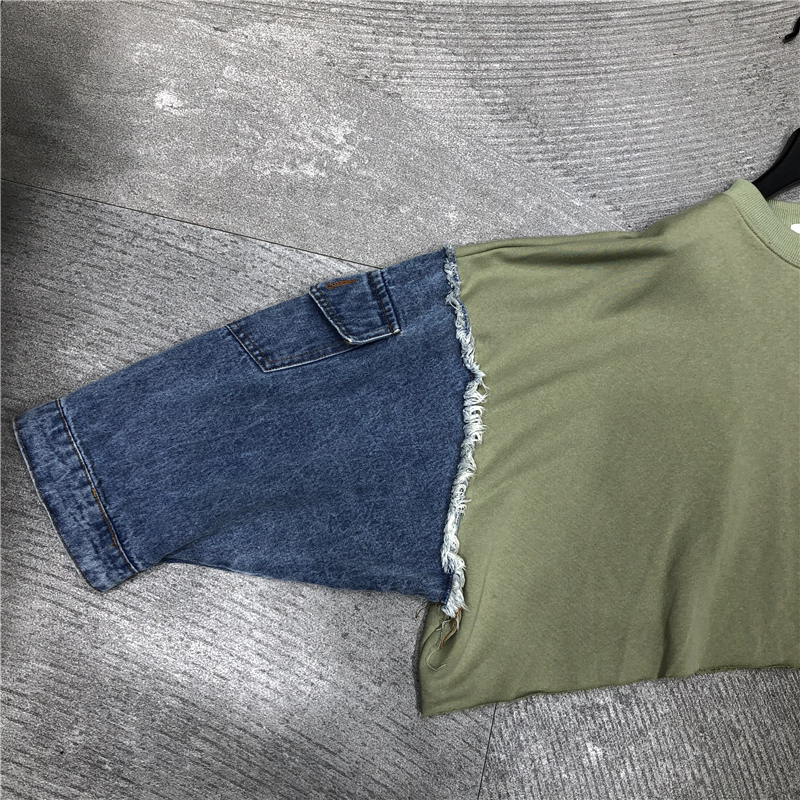 [EWQ] Spring Summer New Pattern Round Collar Long Sleeve Denim Patchwork Pullovers Streetwear Sweatshirt Women AH61206 201102
