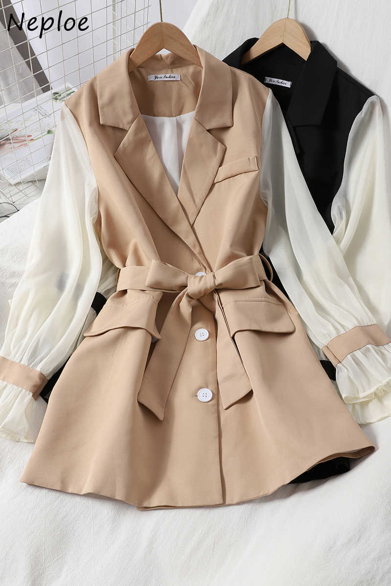 Neploe Women Dress Autumn Fashion Patchwork Chiffon Long Sleeve Sashes Temperament Notched Collar Korean Gentleness Dresses 210630