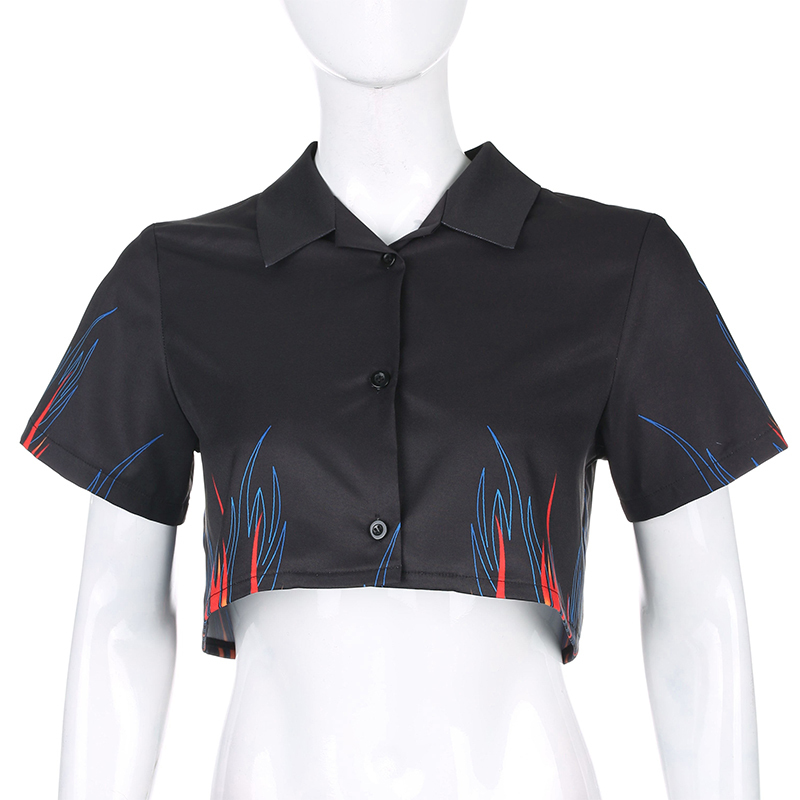 Waatfaak Single Breasted Flame Print Crop Top Tee Shirt Women Turn-down Collar Short Sleeve T-shirt Black Casual High Street T200512