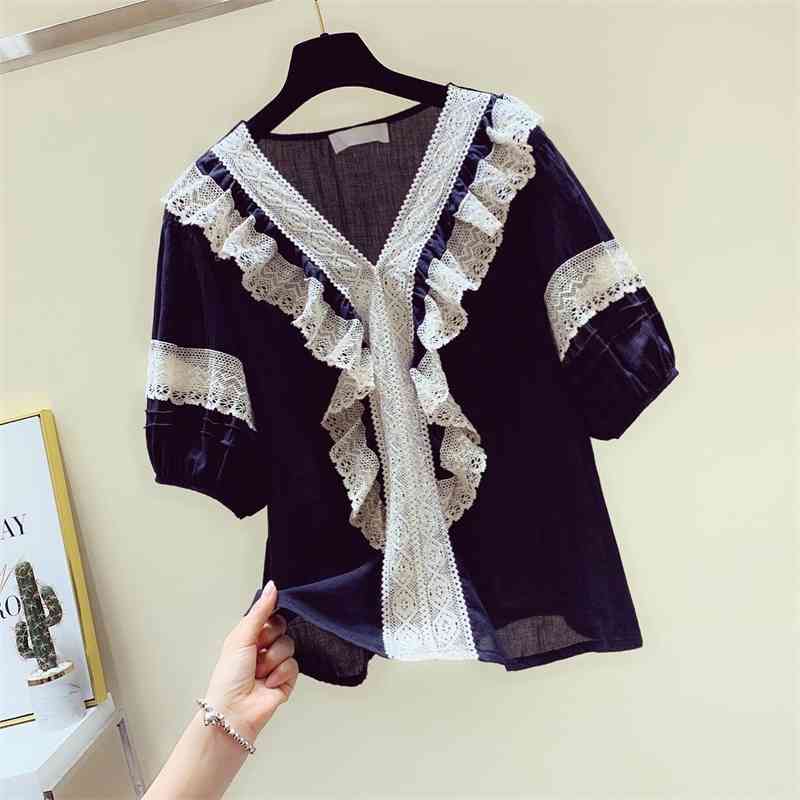 Summer Lace Patchwork Puff Sleeves V-neck Shirt Loose Sweet Top 210615Z