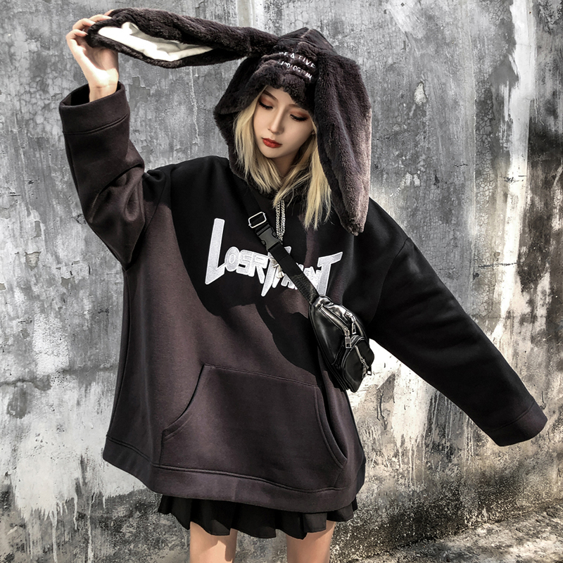 Rabbit Ears Men Hip Hop Hoodie Sweatshirt Letter Fleece Hoodie Streetwear Casual Black Hooded Pullover Cotton Autumn 201127