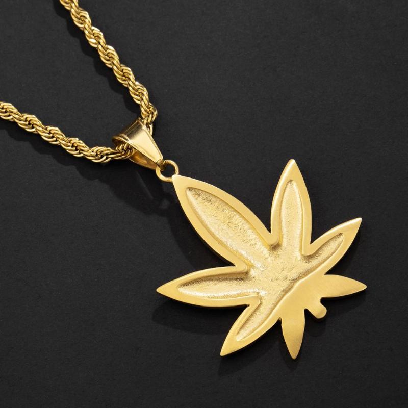 High-Quality Cold Color 316L Stainless Steel Leaf Pendants Long Link Chain Leaves Hip Hop Necklace for Women Men Rapper