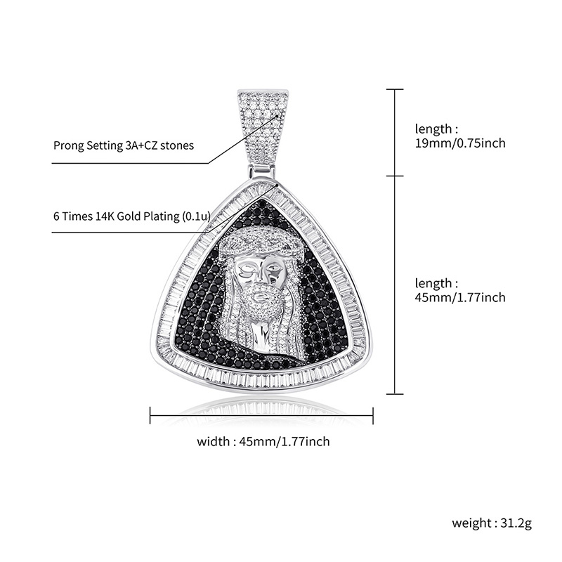 Personalized Triangle Bling Cubic Zirconia Jesus Pendant Necklace Chain HIP HOP Rock Collar Hip Hop Rapper Jewelry Christian Charm Gifts for Men and W