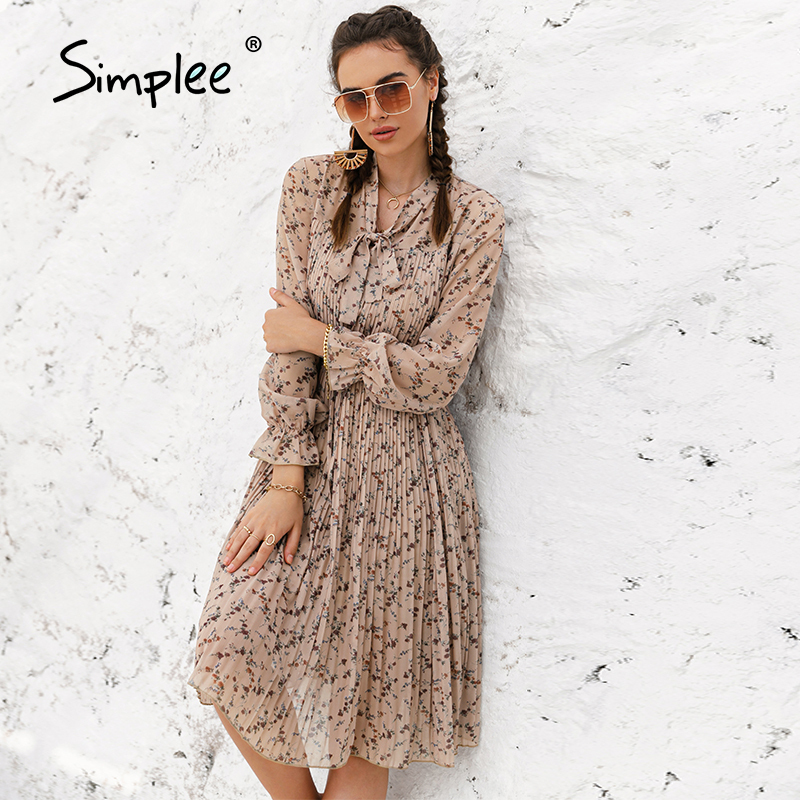 Simplee Elegant spring summer floral print midi dress women Ruffle sleeve bow sash pleated dress chic High waist dresses loose 210309